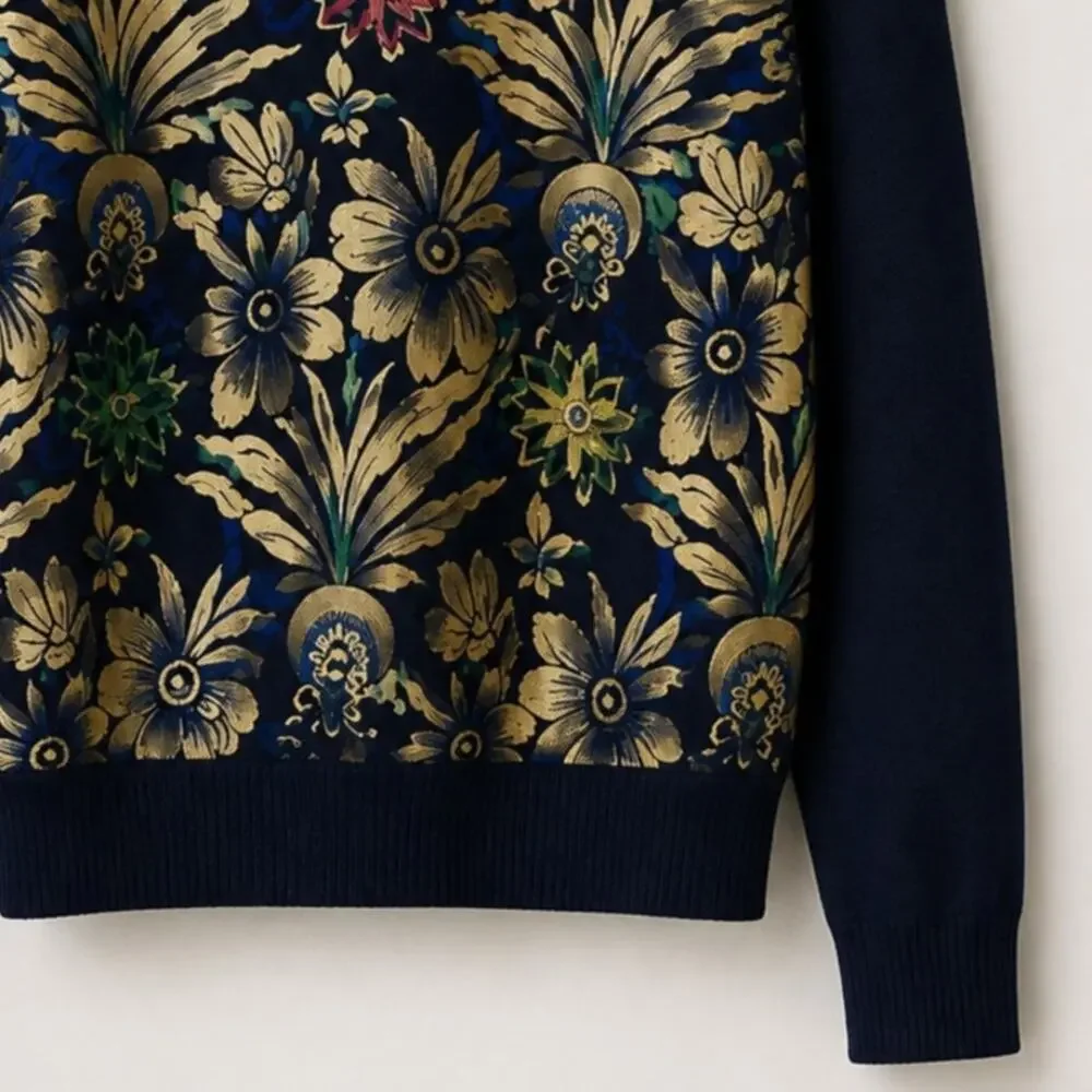 Tory Burch Hollis Metallic Floral Velvet Panel Sweater – Size Small